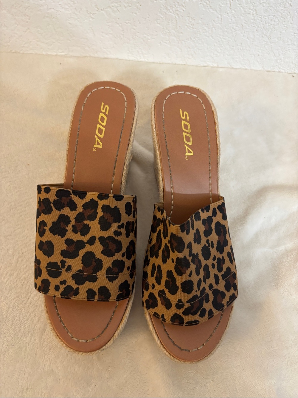 SODA Leopard Print Wedge Slide Sandals